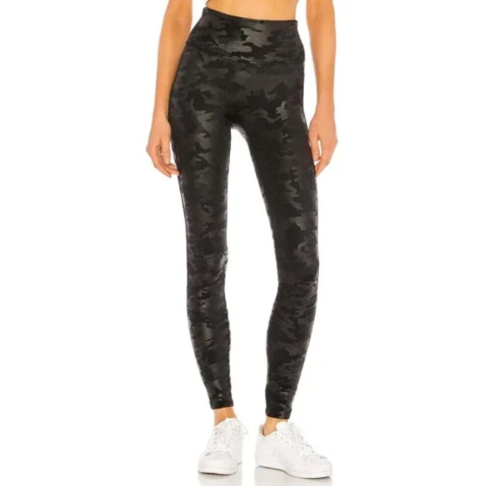 NEW SPANX Women's Matte Black Faux Leather Glossy Camo Shaping Leggings Size M